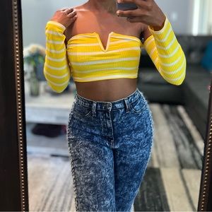 Stretchy Yellow and White Striped V Neck Long Sleeved Crop Top, Brand New